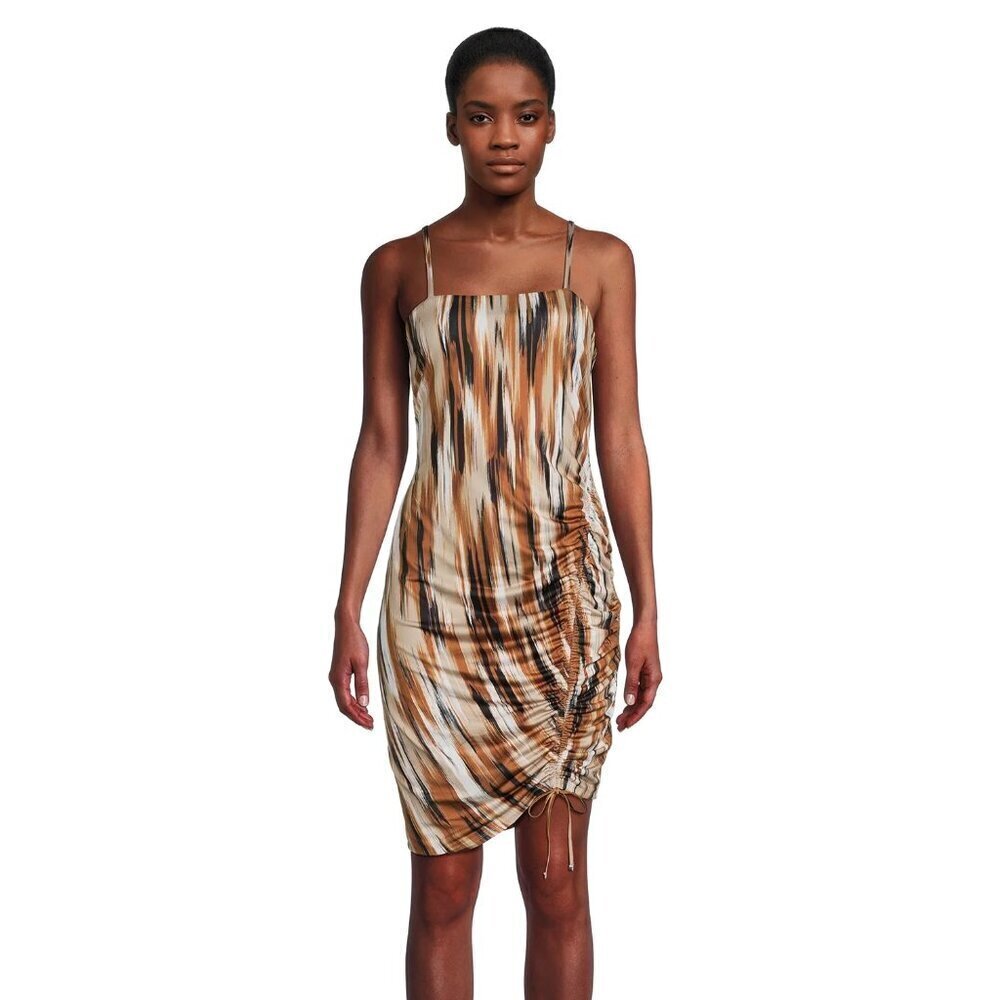 Madden NYC Brown Black Strappy Side Ruched Mini Jersey Dress